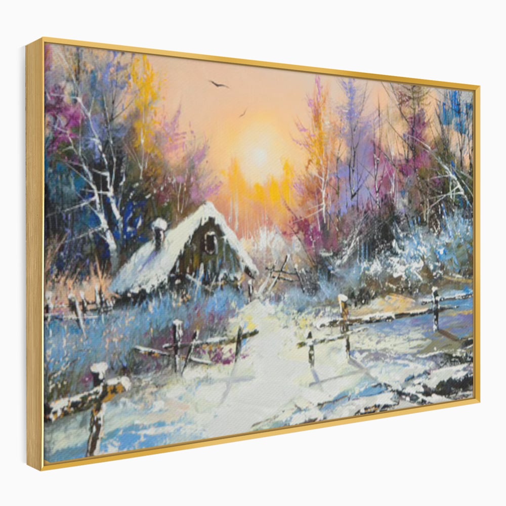 Tablou canvas cu tablou canvas cu peisaj de iarna, in rama de aluminiu auriu